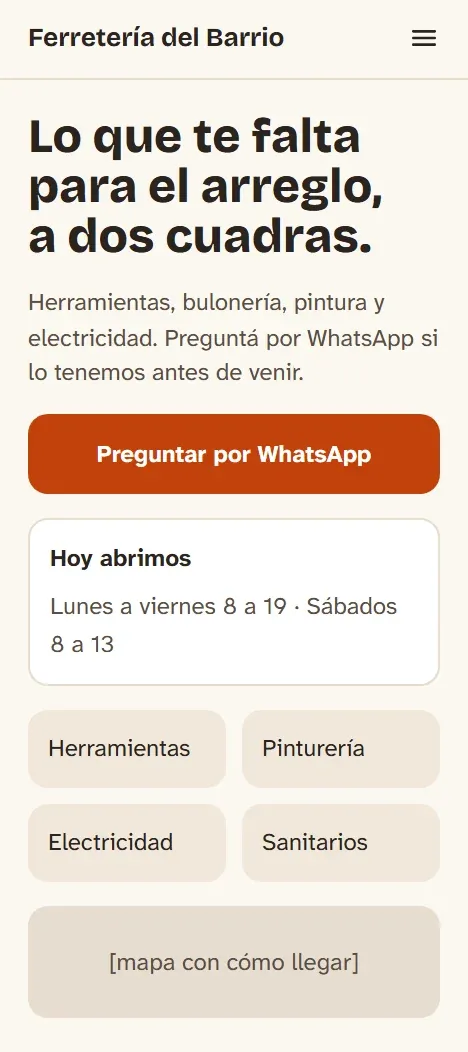 Captura de la web nueva en el celular: un título claro, un botón para preguntar por WhatsApp, el horario al día y cómo llegar.