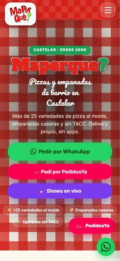 Página de inicio de una pizzería de Castelar, en celular